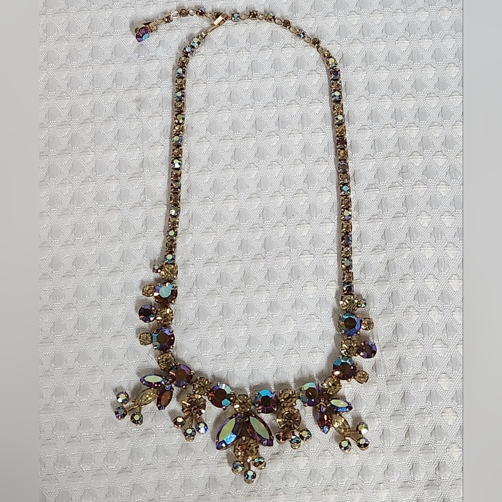 Sherman crystal necklace features blue, pink, purple, brown aurora borealis - Picture 3 of 11